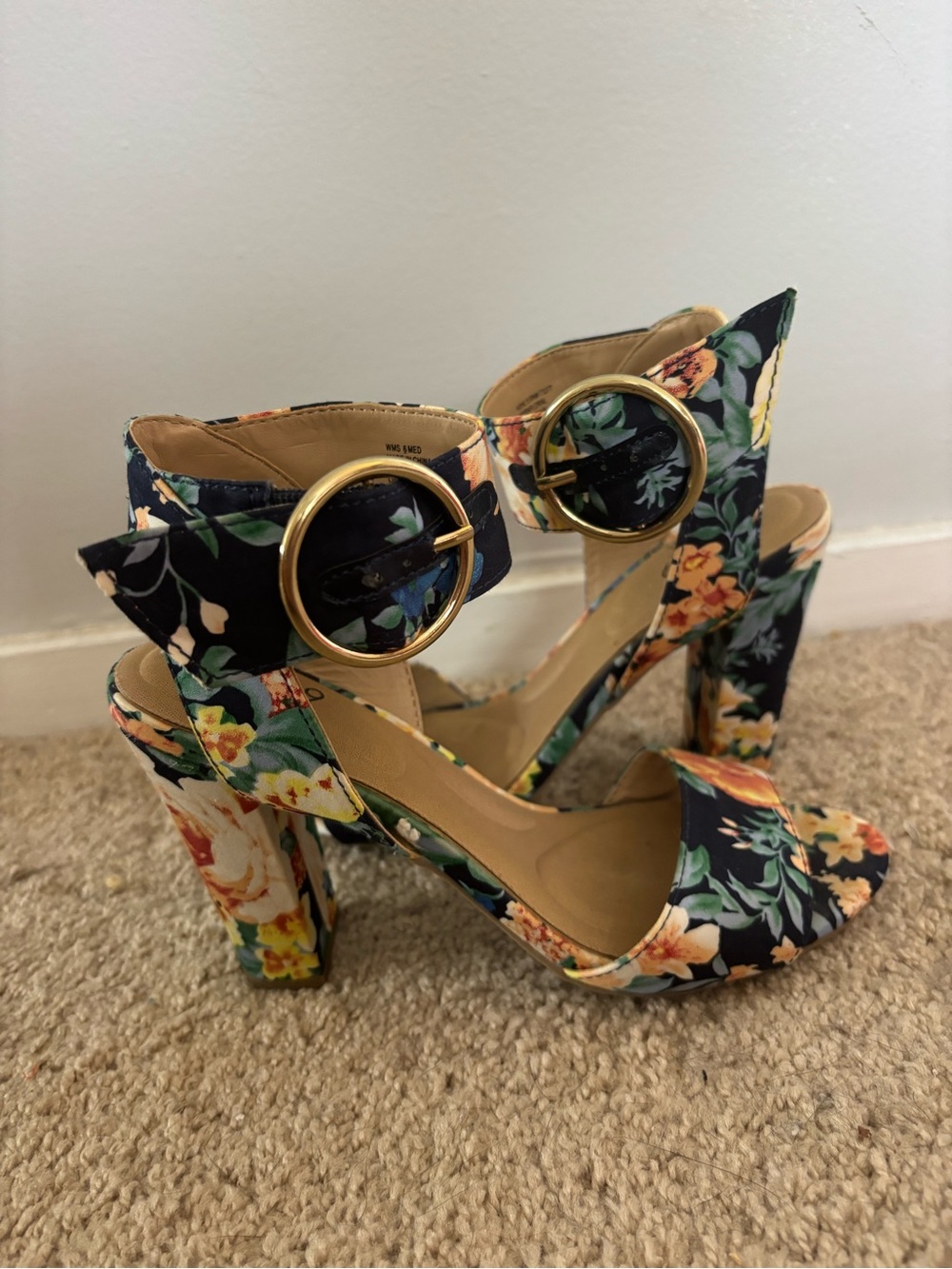Floral Block Heel Sandals with Gold Buckle - Navy Floral size 6